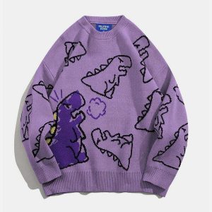 quirky dinosaur cartoon sweater   youthful knit charm 1107