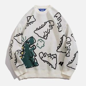 quirky dinosaur cartoon sweater   youthful knit charm 6865