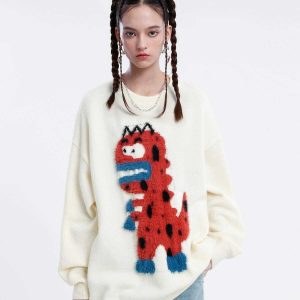 quirky flocking dinosaur sweater youthful urban appeal 1102