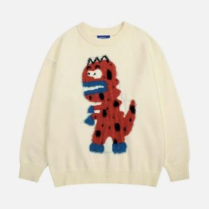 quirky flocking dinosaur sweater youthful urban appeal 1377