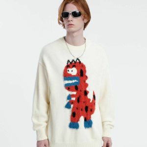 quirky flocking dinosaur sweater youthful urban appeal 3756