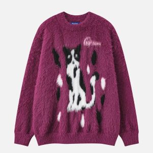 quirky fuzzy kitty sweater   chic y2k streetwear charm 1874