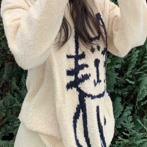 quirky hand drawn cat sweater   youthful & trendy style 1602