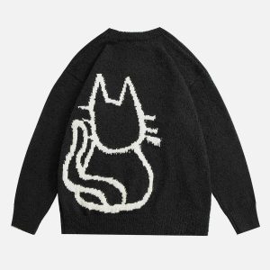 quirky hand drawn cat sweater   youthful & trendy style 1724