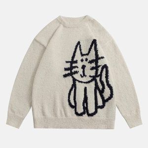 quirky hand drawn cat sweater   youthful & trendy style 5552