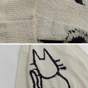 quirky hand drawn cat sweater   youthful & trendy style 5984