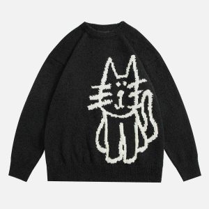 quirky hand drawn cat sweater   youthful & trendy style 6884