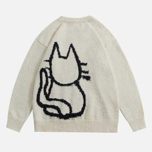quirky hand drawn cat sweater   youthful & trendy style 8659