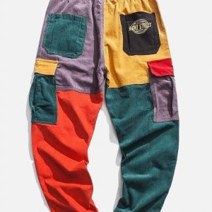 retro 90's corduroy patchwork pants   youthful urban style 6827