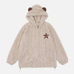 retro bear ear zip up hoodie urban streetwear 7713
