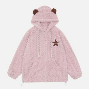 retro bear ear zip up hoodie urban streetwear 8791
