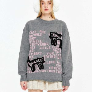 retro cat embroidery sweater edgy & vibrant streetwear 2500