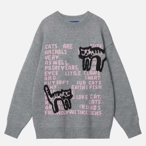 retro cat embroidery sweater edgy & vibrant streetwear 3586