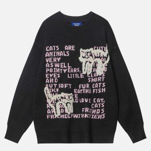 retro cat embroidery sweater edgy & vibrant streetwear 6352