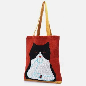 retro cat graphic knit bag urban fashion accessory 5262