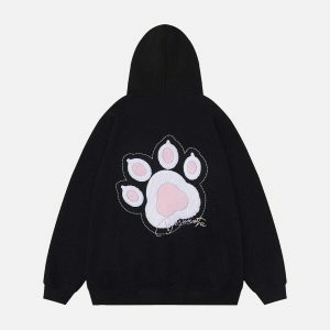 retro cat paw embroidery hoodie urban chic 8045