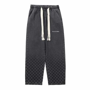 retro checkerboard jeans dynamic print & street style 1039