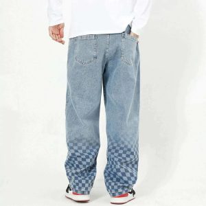 retro checkerboard jeans dynamic print & street style 5538