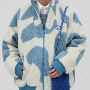 retro cow graphic sherpa coat   chic & cozy streetwear 3405
