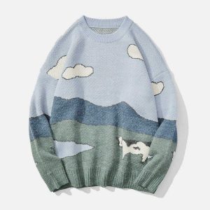 retro cow print sweater edgy & vibrant streetwear 1238