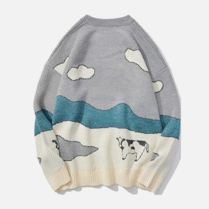 retro cow print sweater edgy & vibrant streetwear 2844