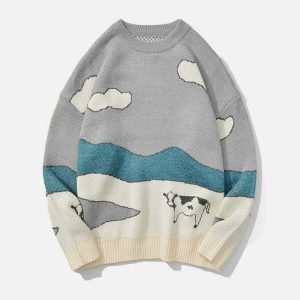 retro cow print sweater edgy & vibrant streetwear 3535