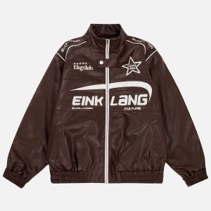retro embroidered racing jacket pu crafted & dynamic style 1235