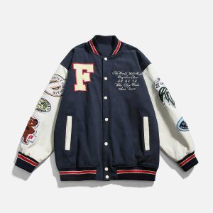 retro flocked varsity jacket   iconic patchwork design 6371