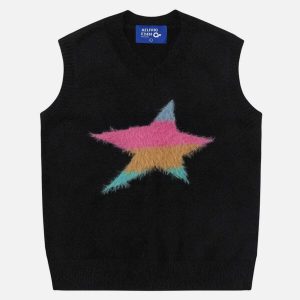retro flocking star sweater vest   chic y2k streetwear 5315