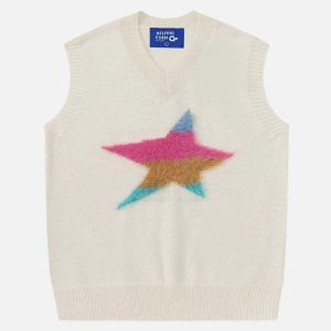 retro flocking star sweater vest   chic y2k streetwear 5740