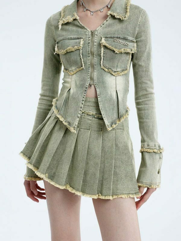retro fringe denim skirt edgy & vibrant streetwear 1524