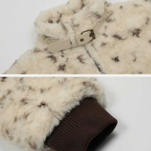 retro leopard sherpa coat with bold buckle detail 6669