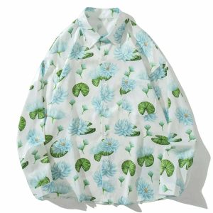 retro lotus leaf print shirt   chic longsleeve design 5792