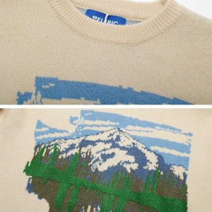 retro oil painting mountain sweater   chic & youthful style 5213