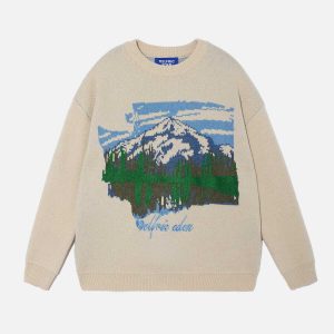 retro oil painting mountain sweater   chic & youthful style 6781