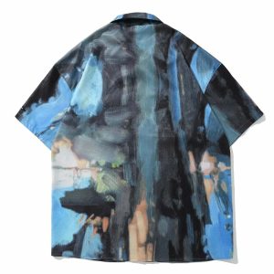 retro oil painting print shirt   chic & vibrant style 1962