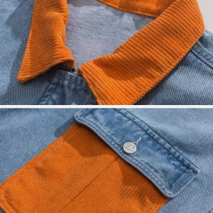 retro orange corduroy & denim jacket patchwork design 3946
