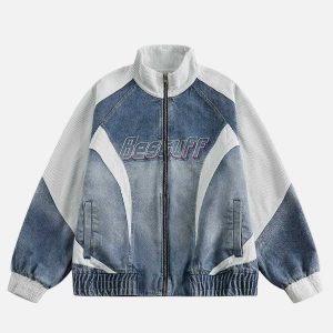 retro patchwork denim racing jacket edgy & vibrant streetwear 5710