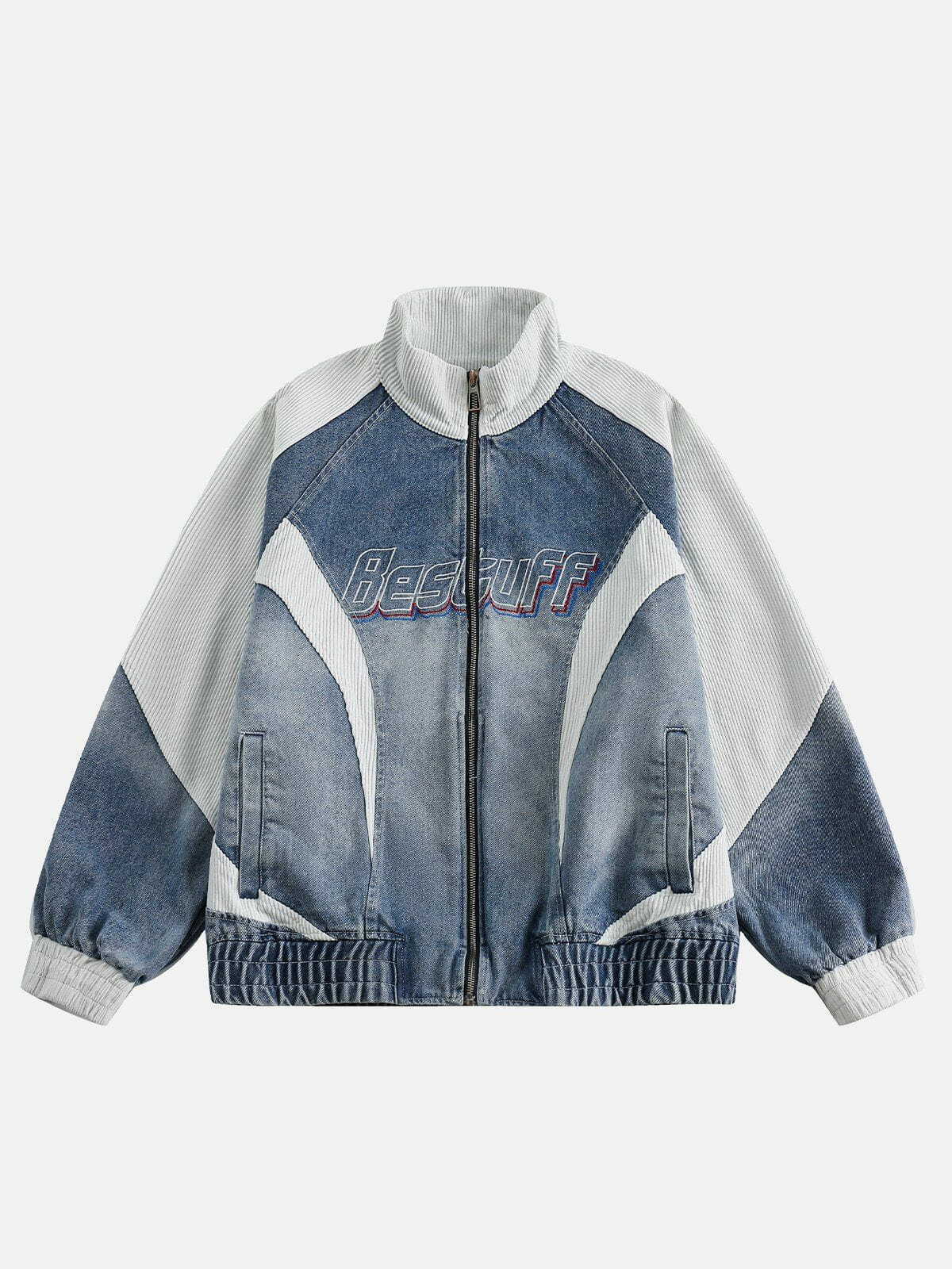 retro patchwork denim racing jacket edgy & vibrant streetwear 5710