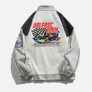 retro patchwork racing jacket   chic trackside statement 8830