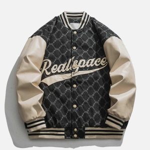 retro plaid & pu varsity jacket   youthful spliced design 3251