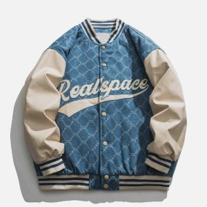 retro plaid & pu varsity jacket   youthful spliced design 6201