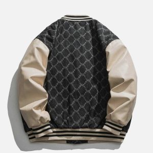 retro plaid & pu varsity jacket   youthful spliced design 8765