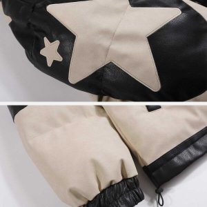 retro star embroidery leather coat   color block chic 4693