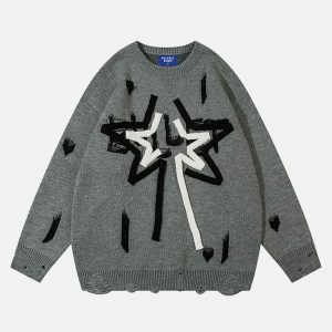 retro star fringe sweater edgy & vibrant streetwear 7660