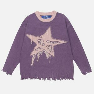 retro star jacquard sweater with fringe   urban chic 3640
