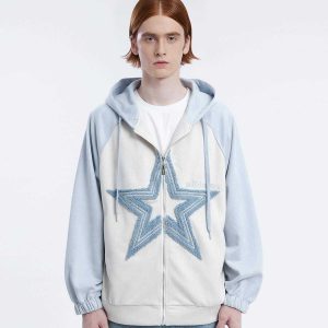 retro star patchwork hoodie edgy & vibrant streetwear 6845
