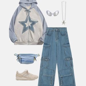 retro star patchwork hoodie edgy & vibrant streetwear 6971