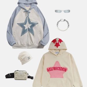 retro star patchwork hoodie edgy & vibrant streetwear 8286