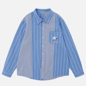 retro star stripe patchwork shirt   youthful urban appeal 3697